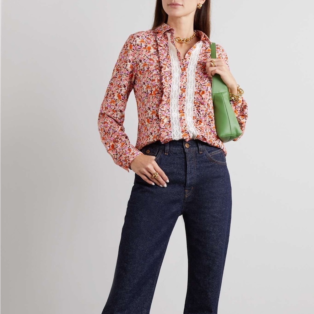 Loretta Caponi Bruna‎ Floral Long Sleeve Lace Trim Shirt Sz M